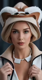 the young woman in the costume is wearing a hat with an animal ears on it