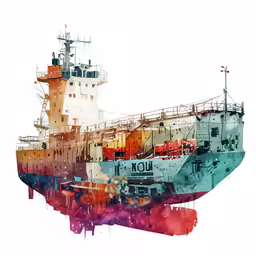 a large white boat is sitting in watercolor