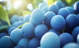 many different blue berries sit together on the green leaves