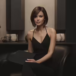 a woman in black sits on a chair