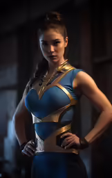 a female cosplay in blue and gold is posing for a photograph