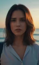 a woman is wearing a white shirt by the ocean