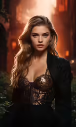 a beautiful blonde lady in a long black dress with lace on it