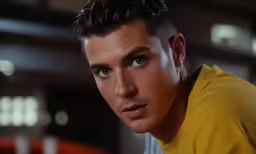 a young man with a yellow shirt posing for a picture