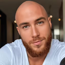 a bald man with a goatee and blue shirt posing for a photo