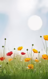 a field with yellow flowers and some red