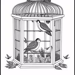 a black and white drawing of two birds in a birdcage,two birds sit in a birdcage, while another sits nearby