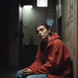 a young woman sitting in an empty building