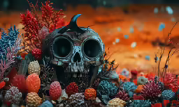 a skull sits on the ground surrounded by trees and pineconns
