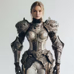 a beautiful woman in futuristic armor with lots of chains on her waist