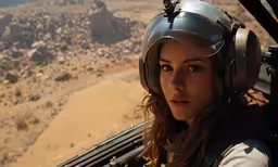 a woman flying with a plane over a desert landscape