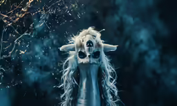 a woman covered in spooky hair with large white skull eyes