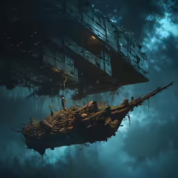 a ship floating in a water filled with lots of bubbles
