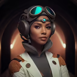 a woman with goggles and leather gloves on, a space pilot costume