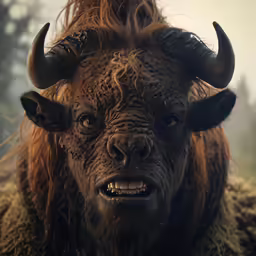 a yak looks directly at the camera with an evil expression