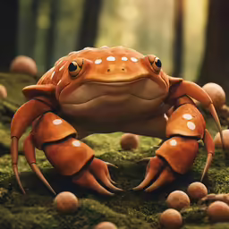 a stuffed crab sitting on the ground in a forest