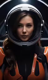 a woman wearing an orange suit and helmet