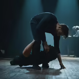 a man doing a trick on the floor with another man