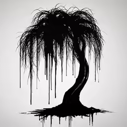 a black and white painting of a tree with dripping branches