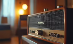 a radio sitting on top of a wooden shelf next to a chair