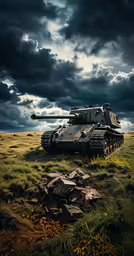 tank in the field with storm clouds moving overhead