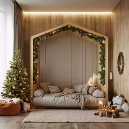 a bed decorated with garlands and lites is in front of a christmas tree