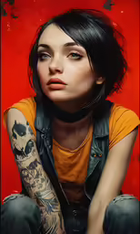 an illustration of a young woman sitting with tattoos on