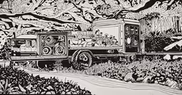 an ink drawing of a truck and trees,a drawing of an old pickup truck that is parked
