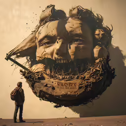 a giant sculpture of a pirate being used as a backdrop for this poster