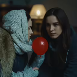 two woman one has a red balloon while the other looks on