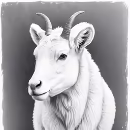 the white goats is posing for a black and white picture
