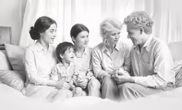 black and white photo of three family members sitting in bed