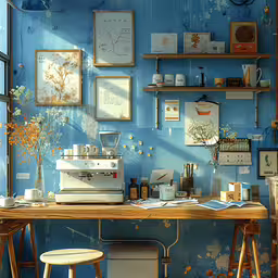 this photo is of a blue wall with different kinds of flowers on it,a wooden table with several decorations on it