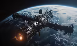 a space station flying over the ocean and cloudy sky