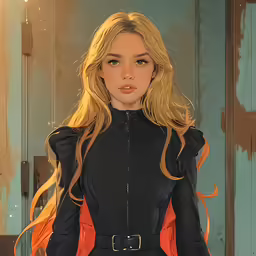 an artistic illustration of a woman wearing a costume