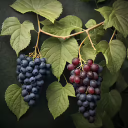 two bunches of grapes hang from a green vine