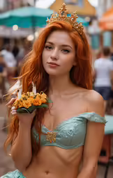 a woman with red hair is wearing a blue bra and has orange flowers in her hand