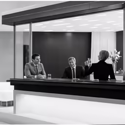 three men sitting at a bar talking to each other