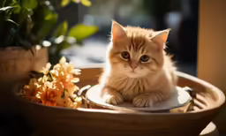 an adorable little cat sitting in a planter