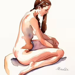 a watercolor painting of a female figure seated