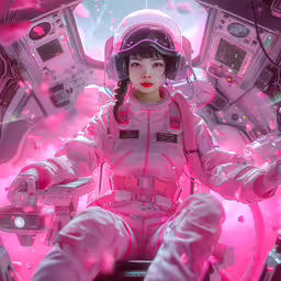an anime character in white and pink with a helmet,an artist