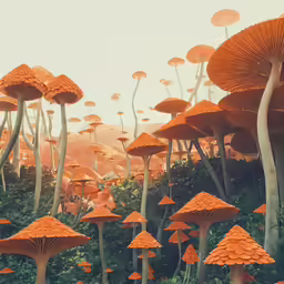 rows of red trees and giant mushrooms on the ground