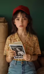 a woman sitting on a bed reading a paper