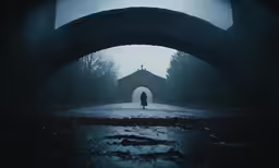 man in dark alley with white walls and arched doorway