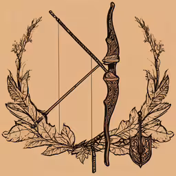 a bow, arrows and a leaf are in a frame,the ancient symbol for a bow and arrow