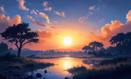the sun sets over a beautiful water scene