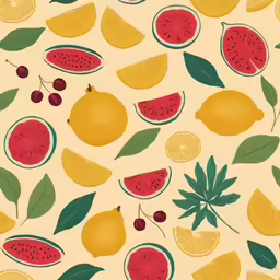 a drawing of various fruits on a tablecloth