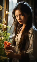 a woman is holding a flower with a lot of flowers in the background