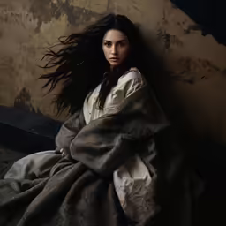 a woman with long hair is laying on the ground