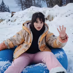 a woman sitting on an inner tube with her hands out